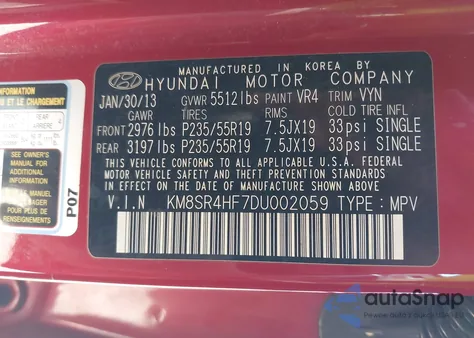 2013 Hyundai Santa Fe Limited z USA, uszkodzony, nr VIN KM8SR4HF7DU002059